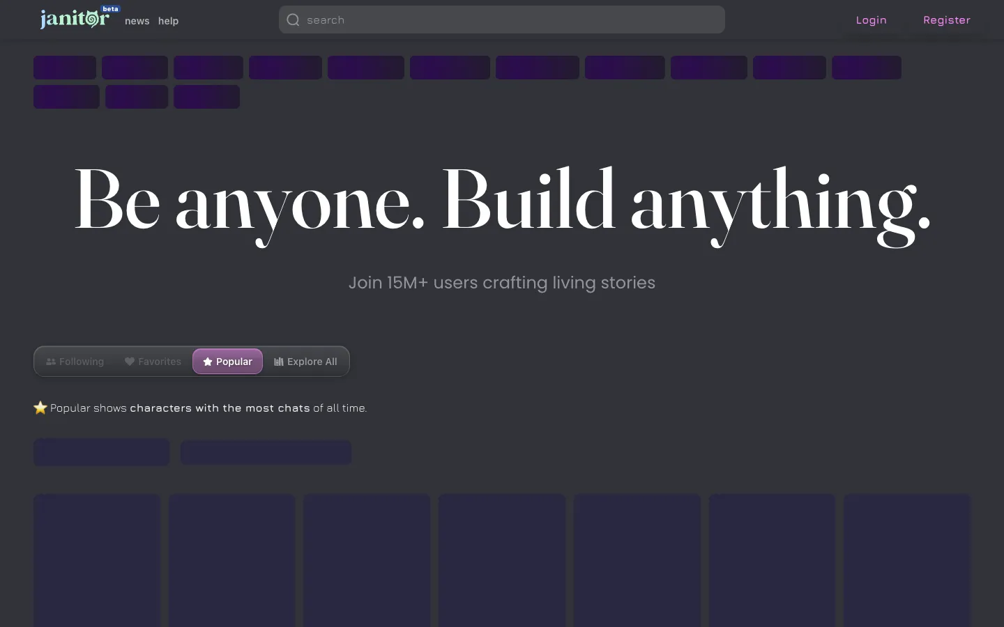 Screenshot of the JanitorAI homepage