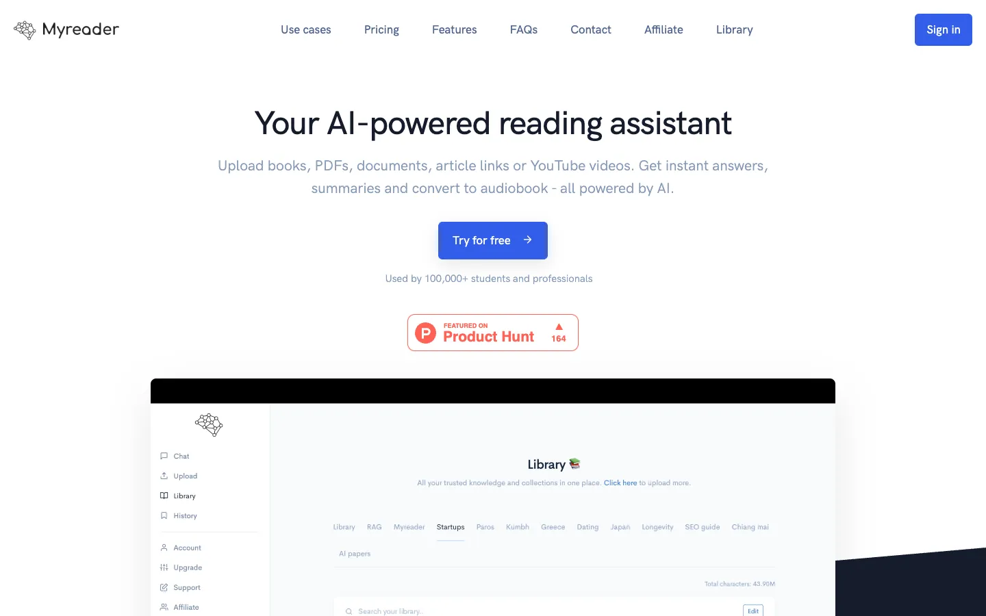 Screenshot of the Myreader AI homepage
