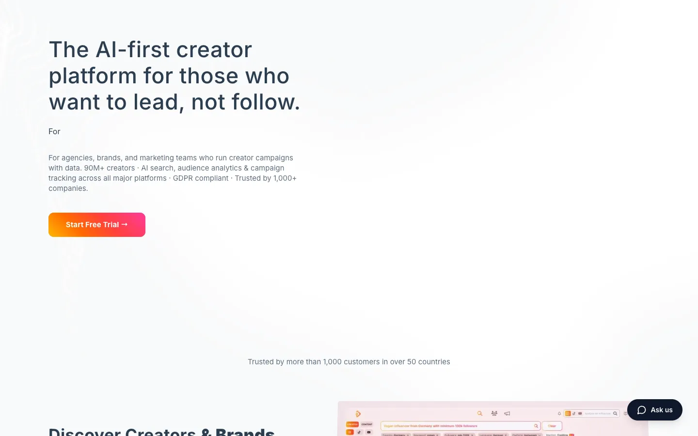 Screenshot of the Influencer-Suchtool | influData homepage