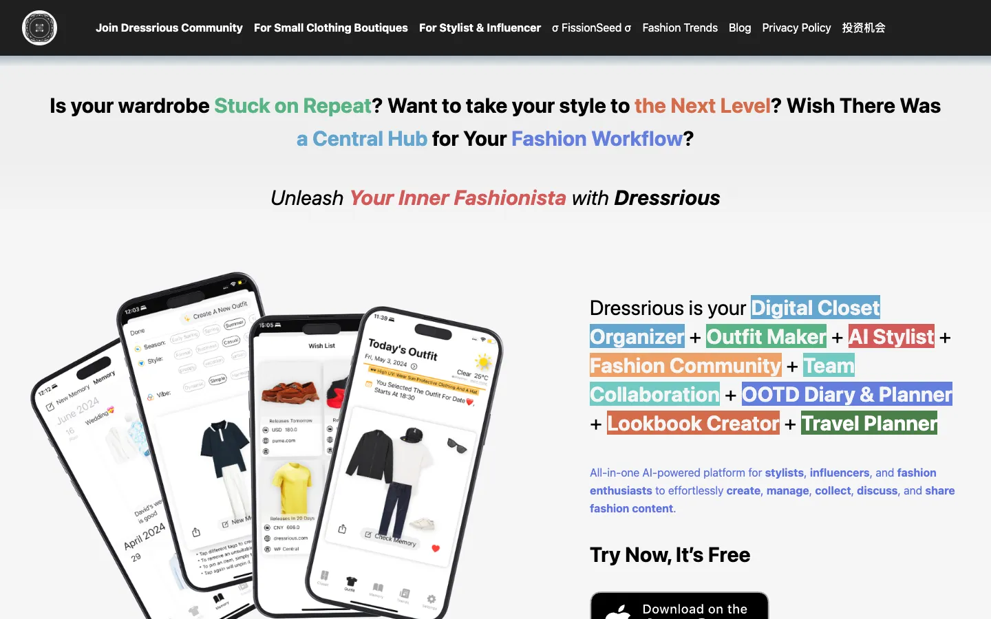 Screenshot of the Dressrious homepage