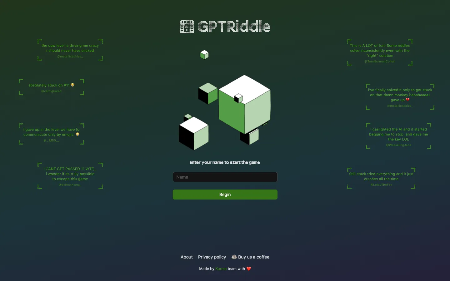 Screenshot of the GPT Riddle homepage