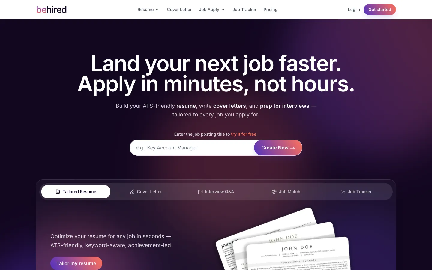 Screenshot of the Behired homepage