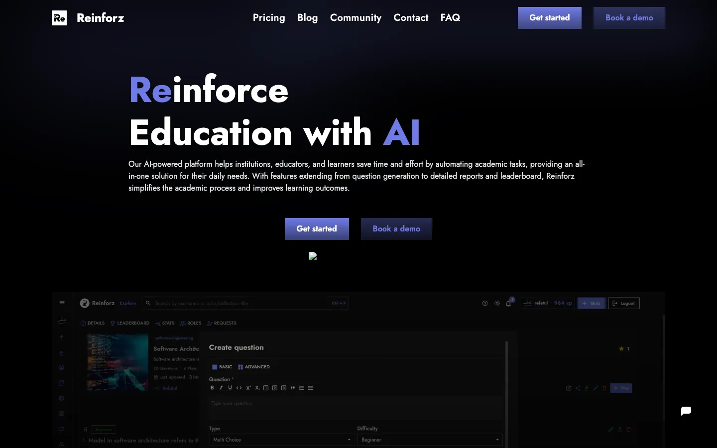 Screenshot of the Reinforz homepage
