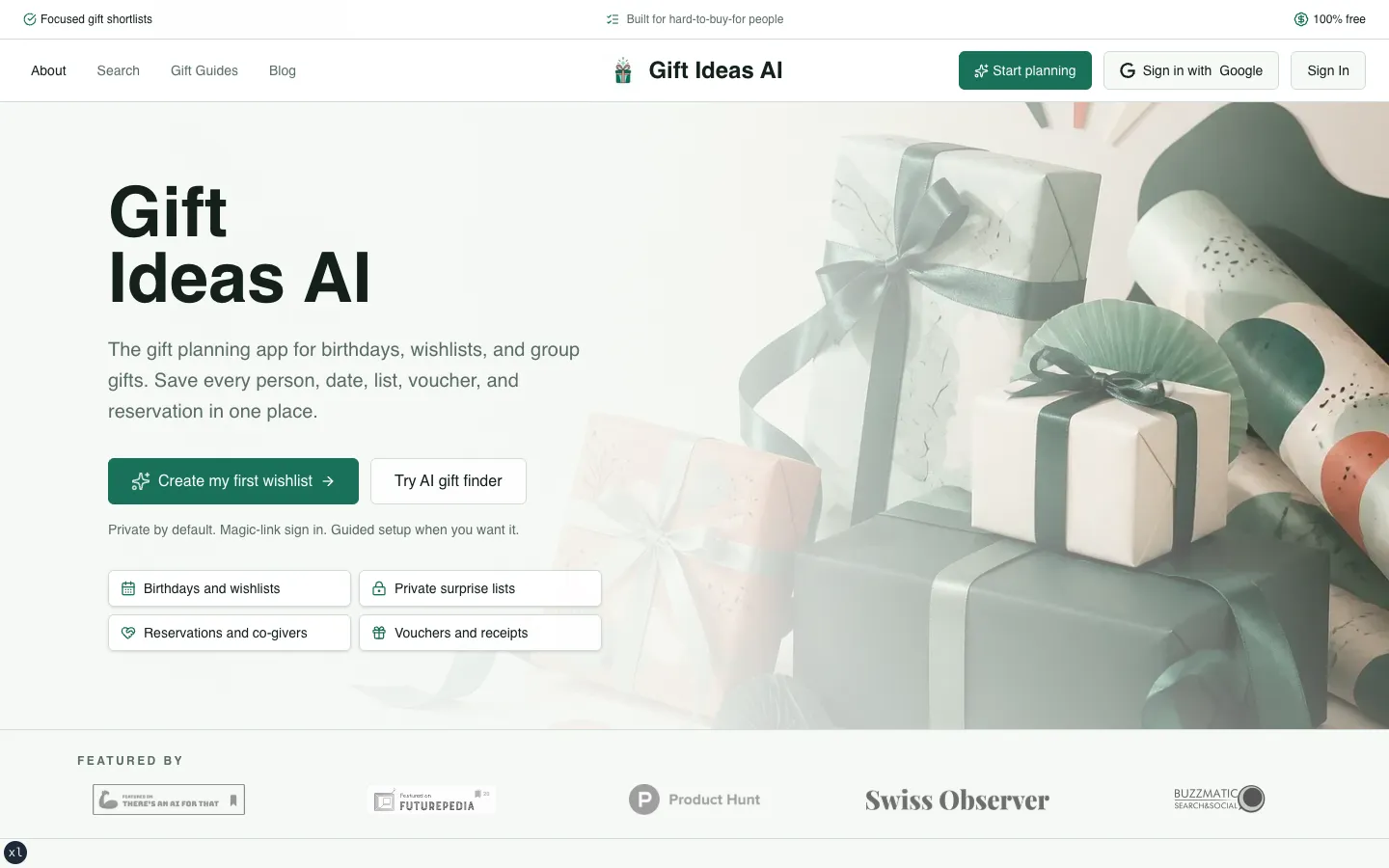 Screenshot of the GiftIdeasAI homepage