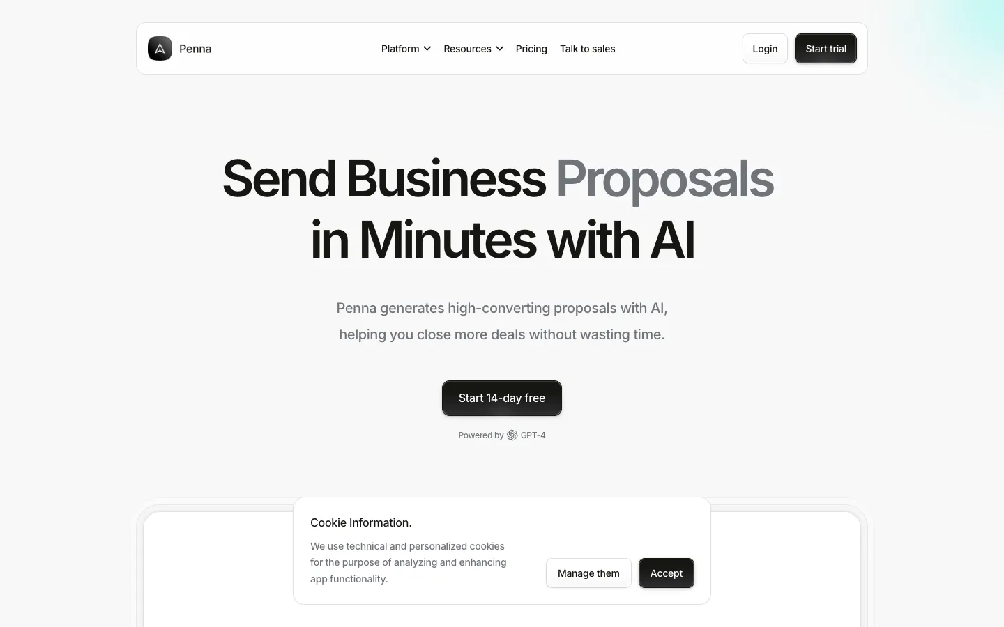 Screenshot of the Penna.app homepage