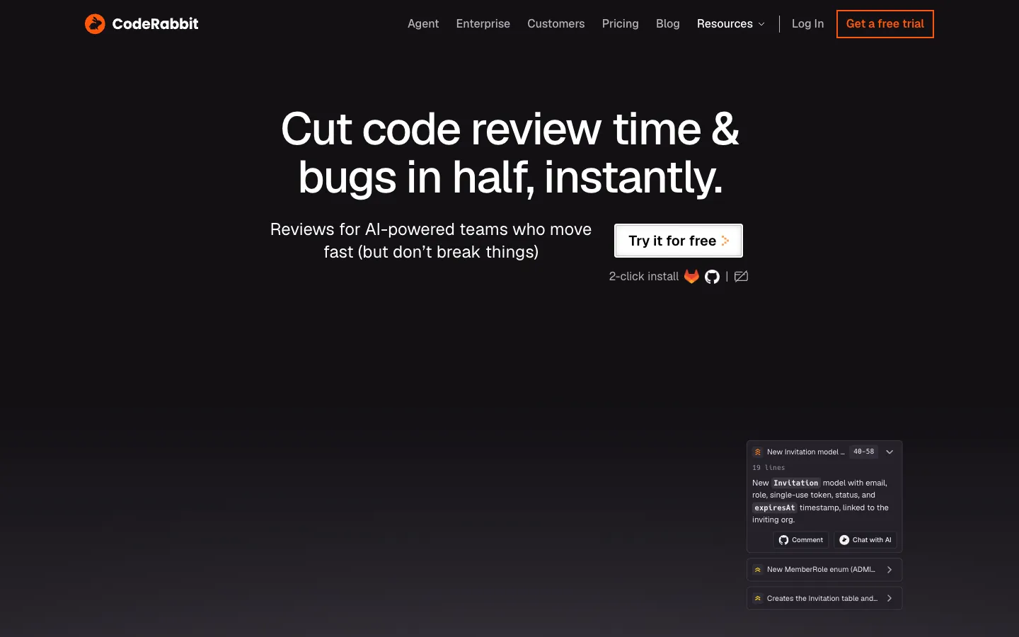 Screenshot of the CodeRabbit homepage