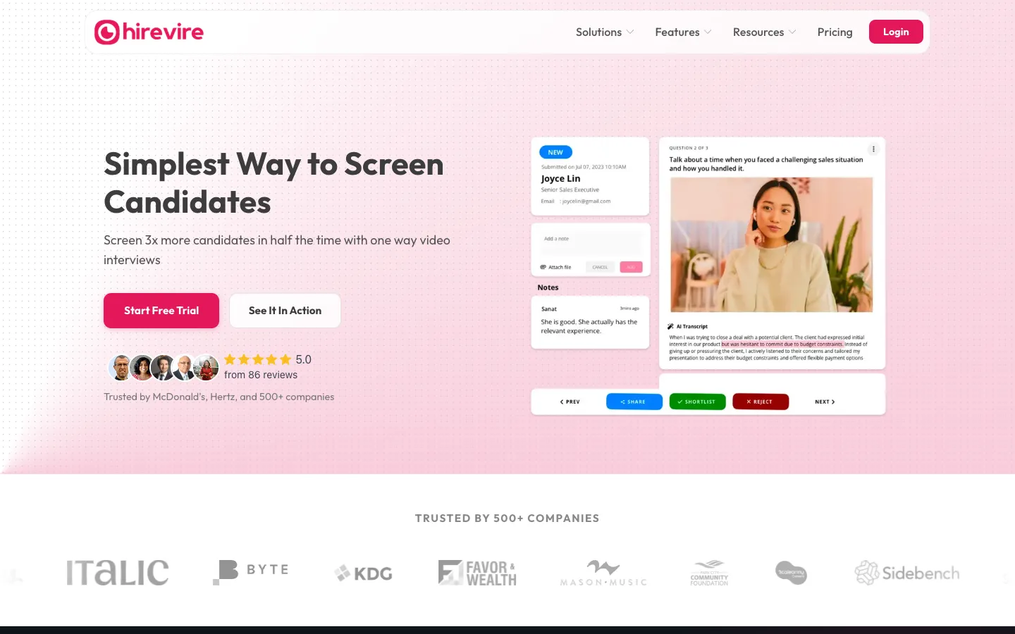 Screenshot of the Hirevire homepage