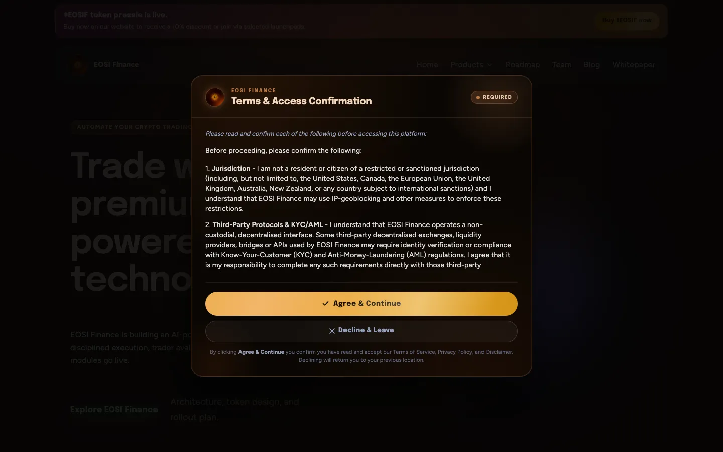 Screenshot of the EOSI Finance homepage