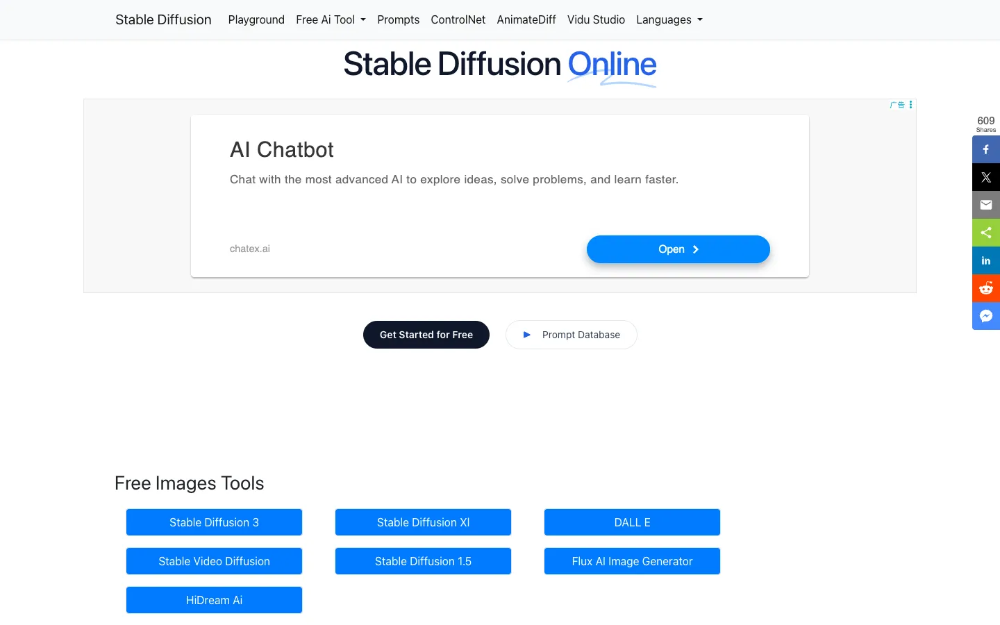 Screenshot of the Stable Diffusion Online homepage