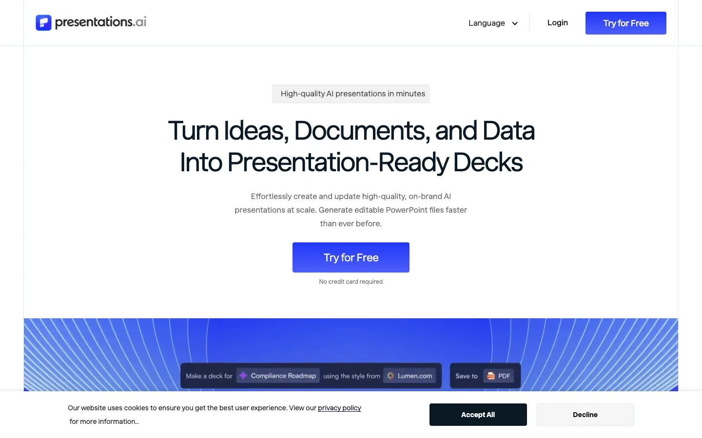Screenshot of the Presentations.ai homepage