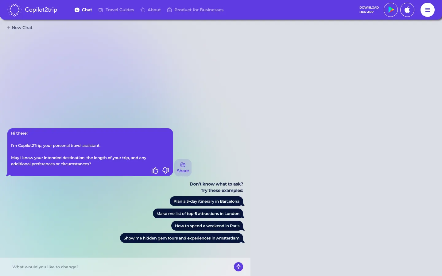 Screenshot of the Copilot2trip homepage