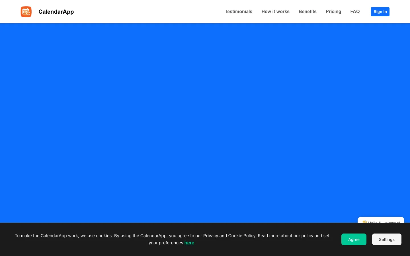 Screenshot of the CalendarApp homepage
