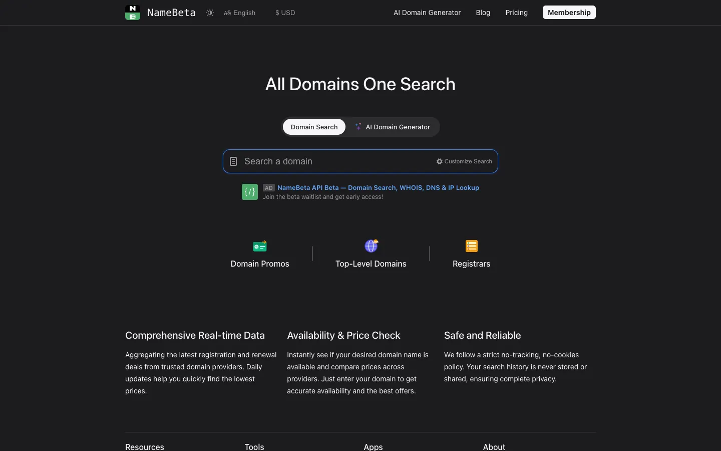 Screenshot of the NameBeta homepage