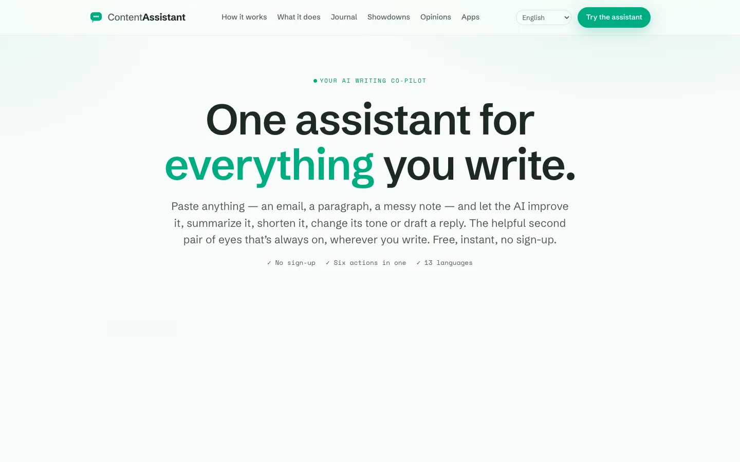Screenshot of the Content Assistant homepage