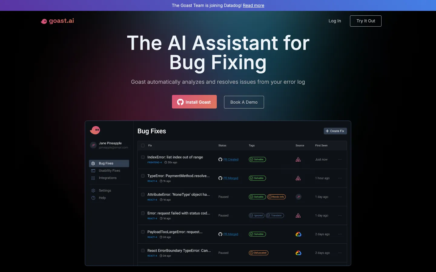 Screenshot of the goastVS homepage