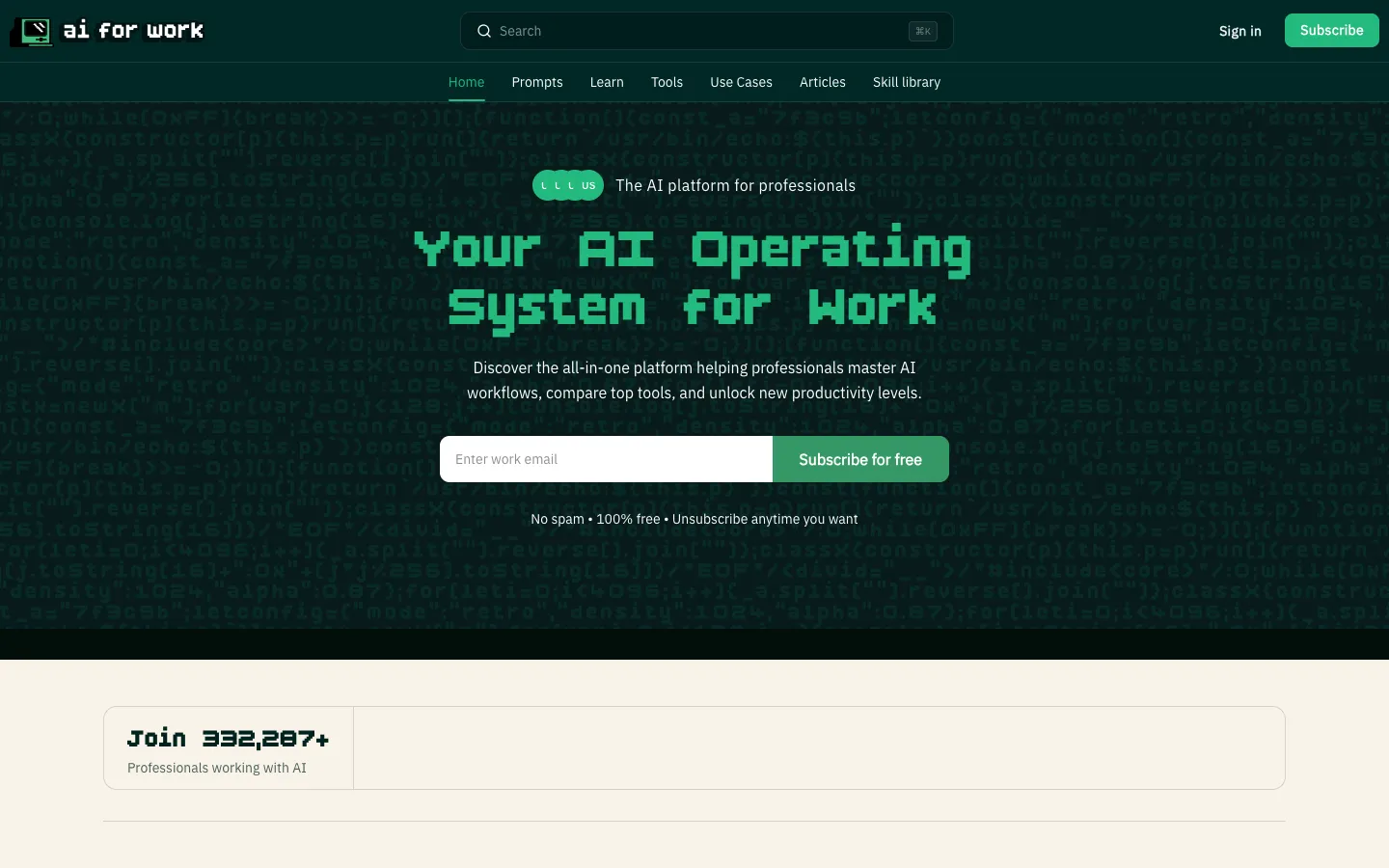 Screenshot of the Ai for Work homepage