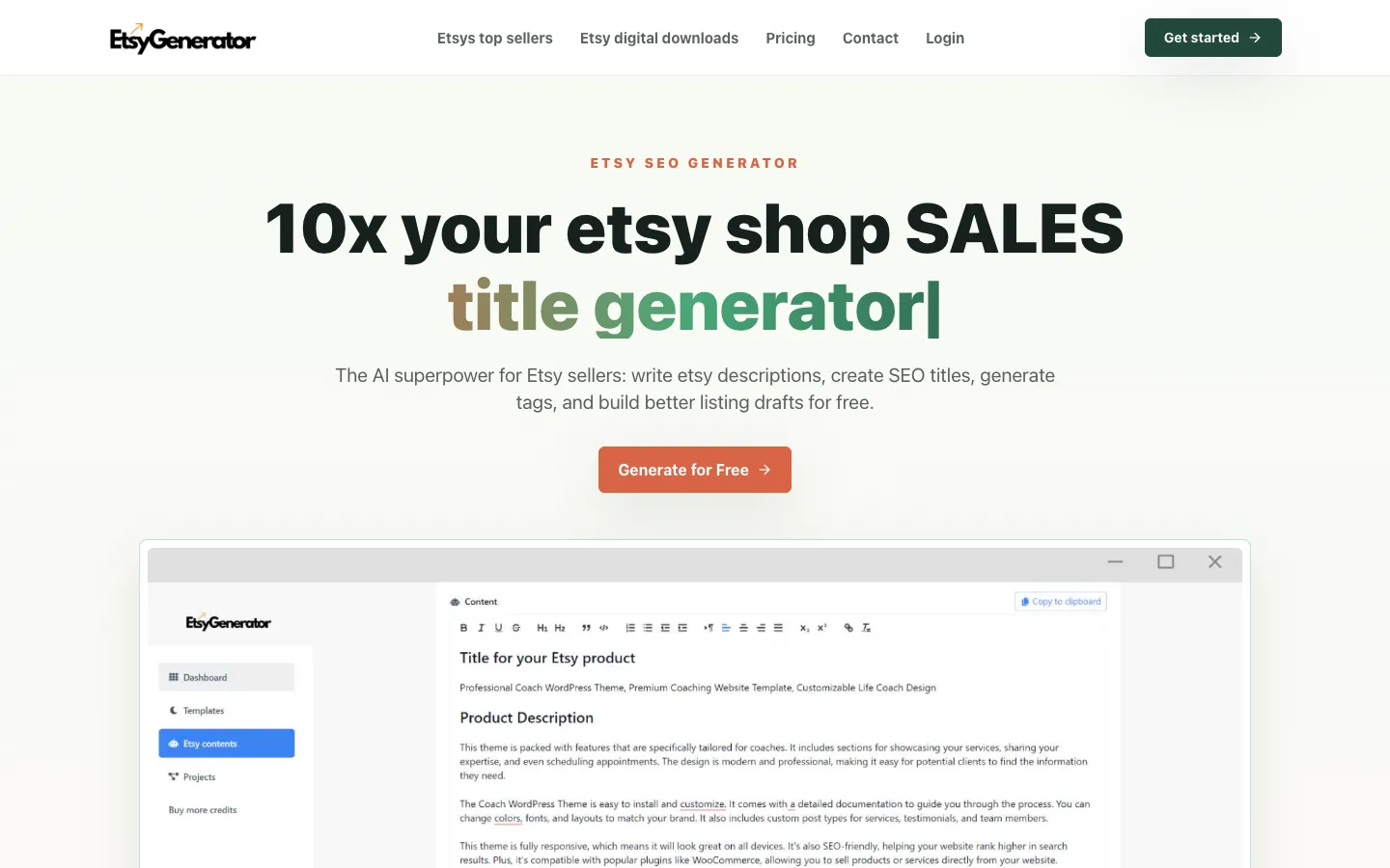 Screenshot of the EtsyGenerator homepage