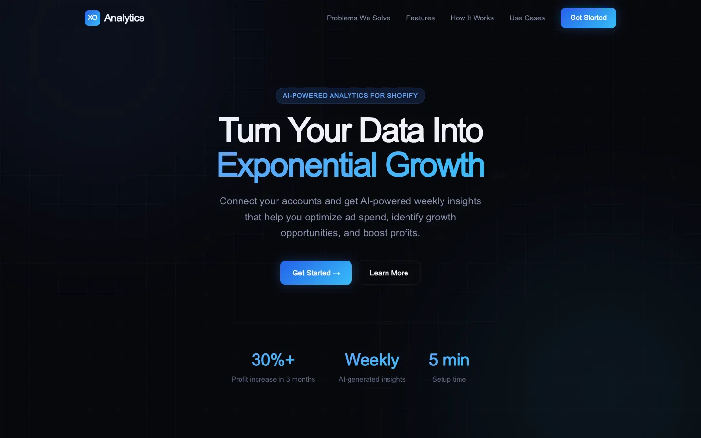 Screenshot of the XO Analytics homepage