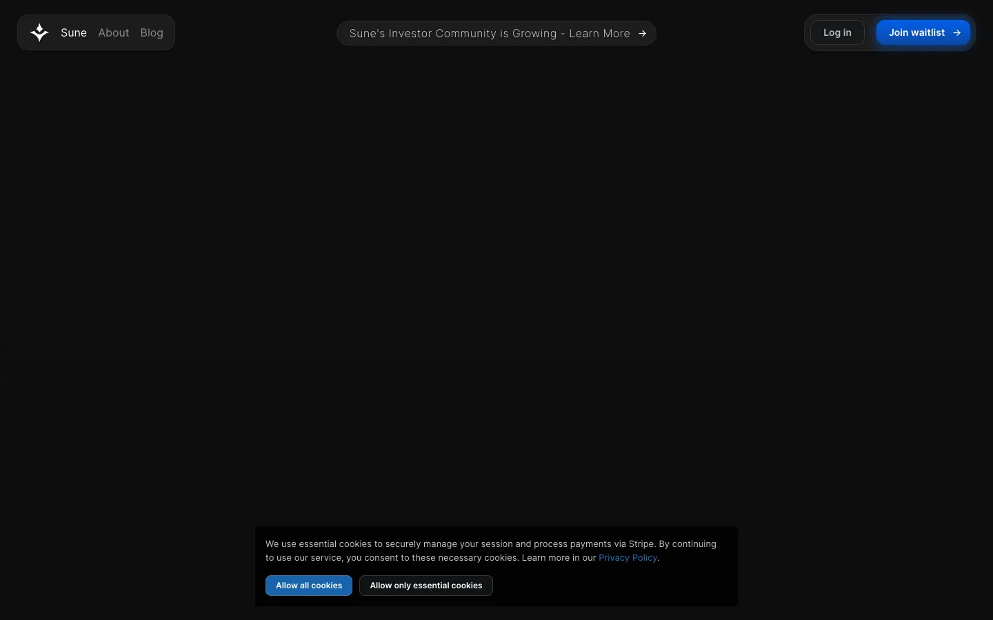 Screenshot of the Sune homepage