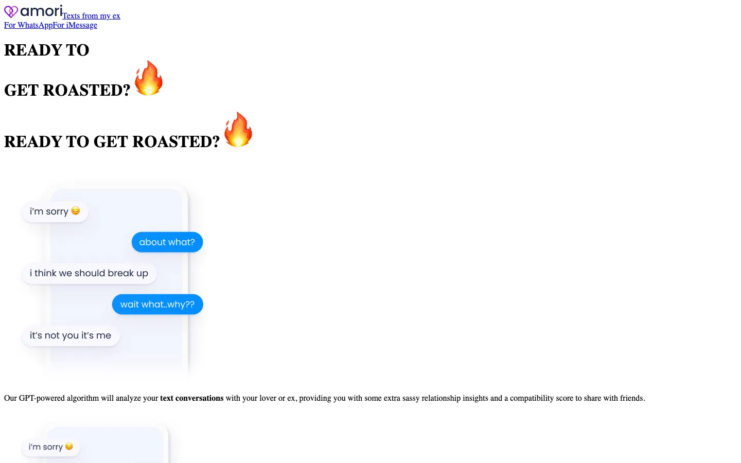 Screenshot of the Texts From My Ex homepage