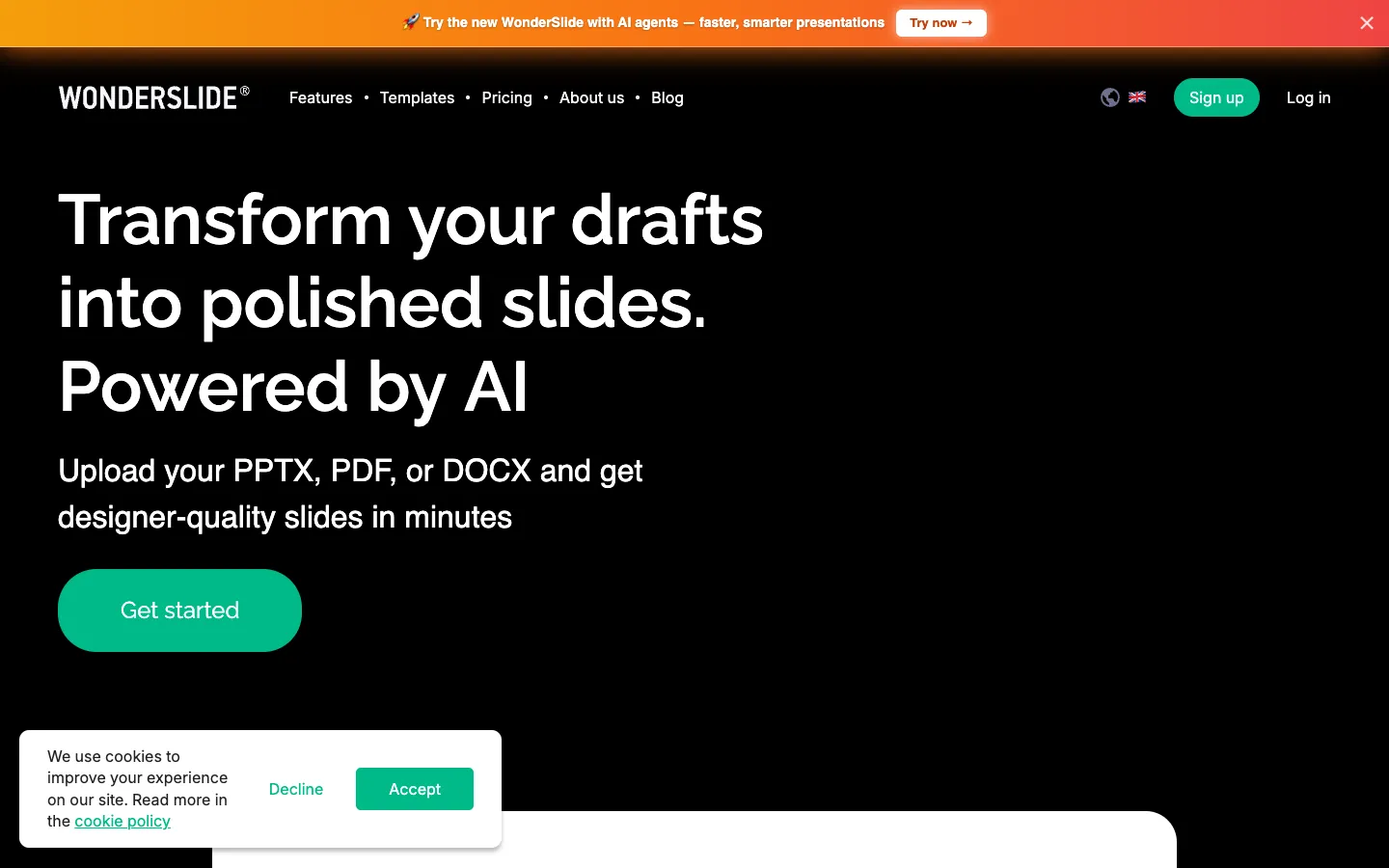 Screenshot of the Wonderslide homepage