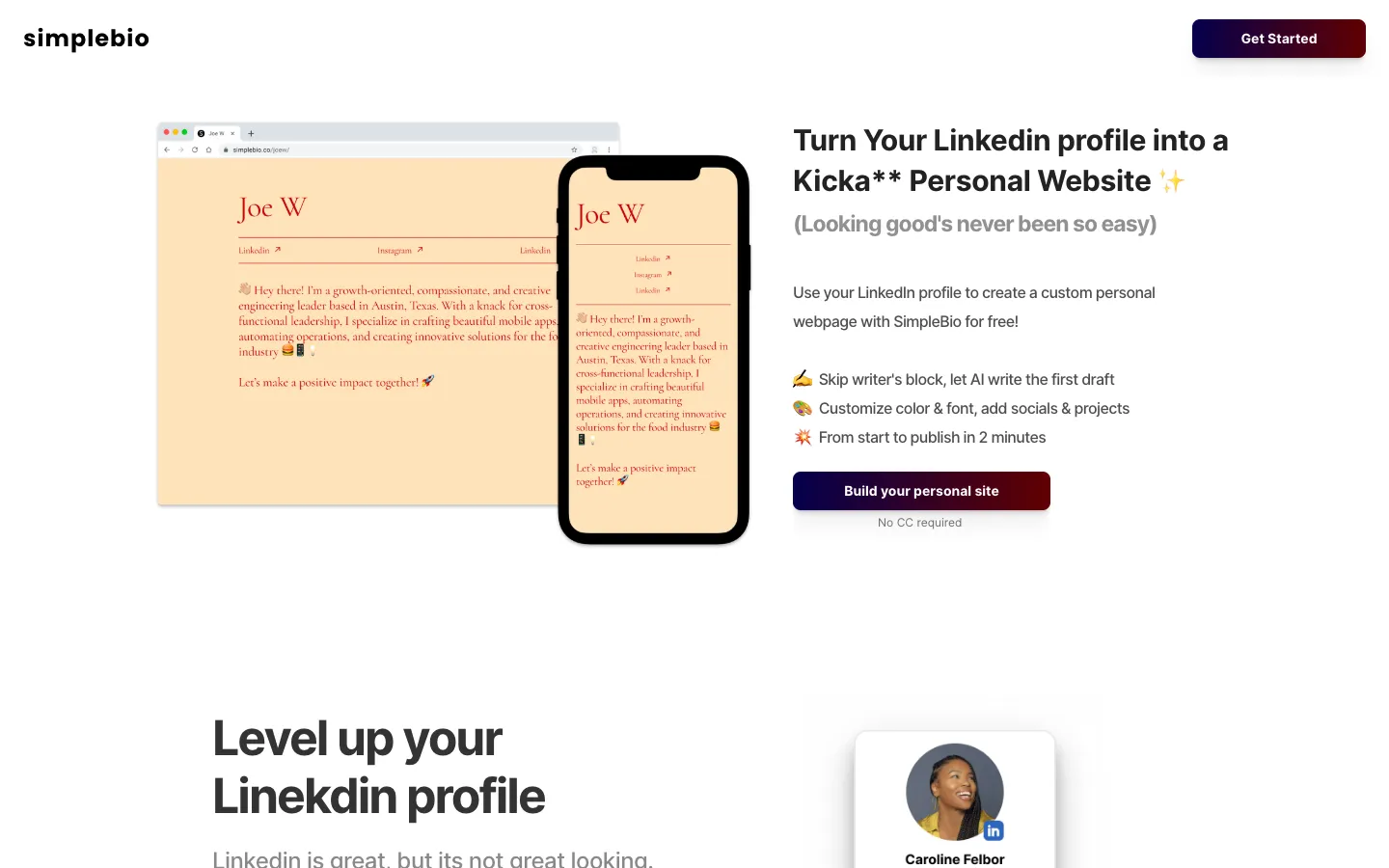 Screenshot of the Simplebio homepage