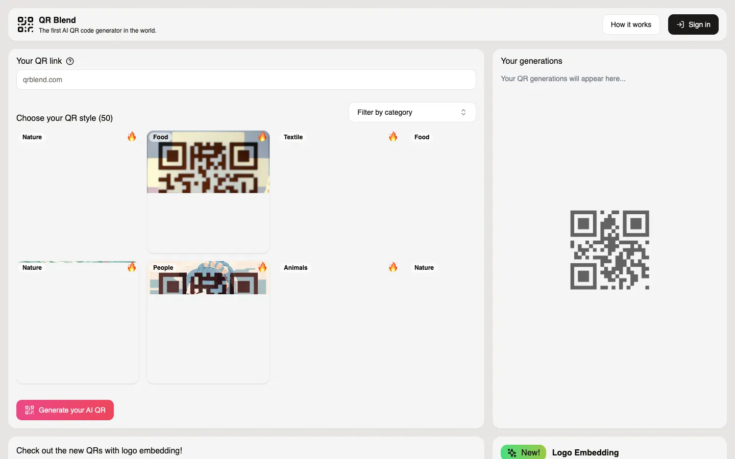 Screenshot of the QR Blend homepage