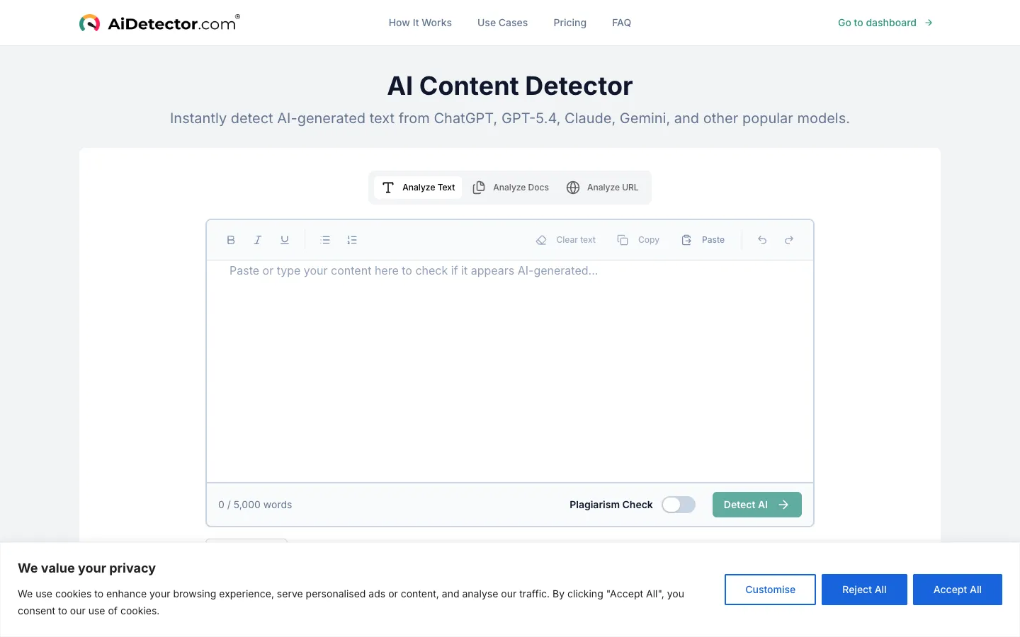 Screenshot of the AI Checker Tool homepage