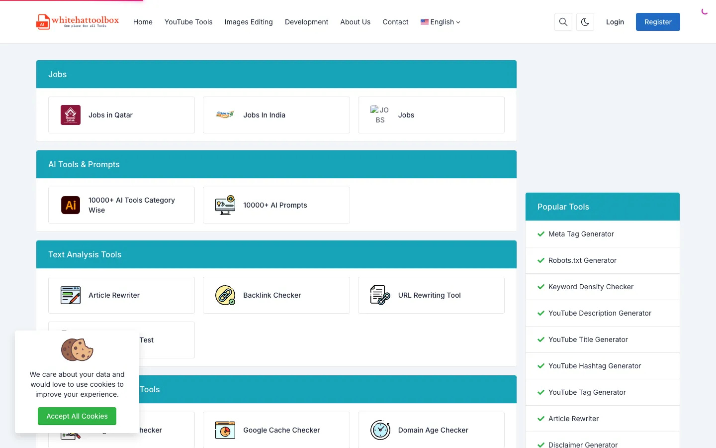 Screenshot of the Whitehattoolbox homepage