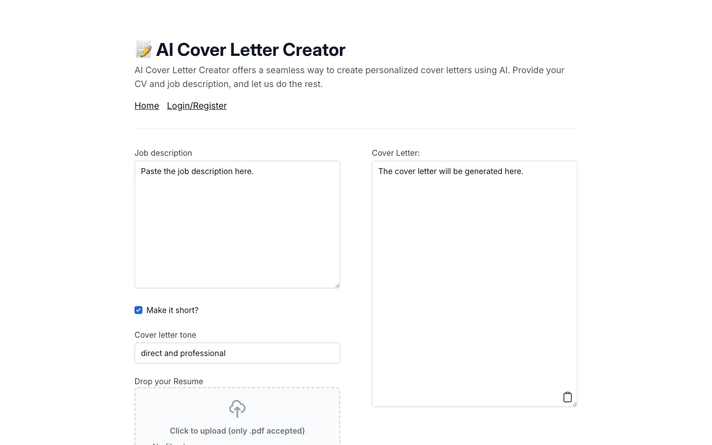 Screenshot of the AI Cover Letter Creator homepage