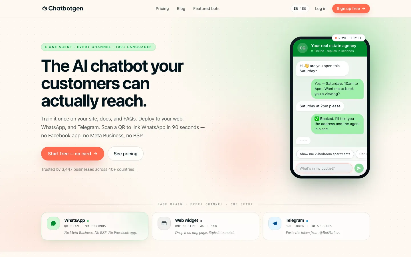 Screenshot of the ChatbotGen homepage