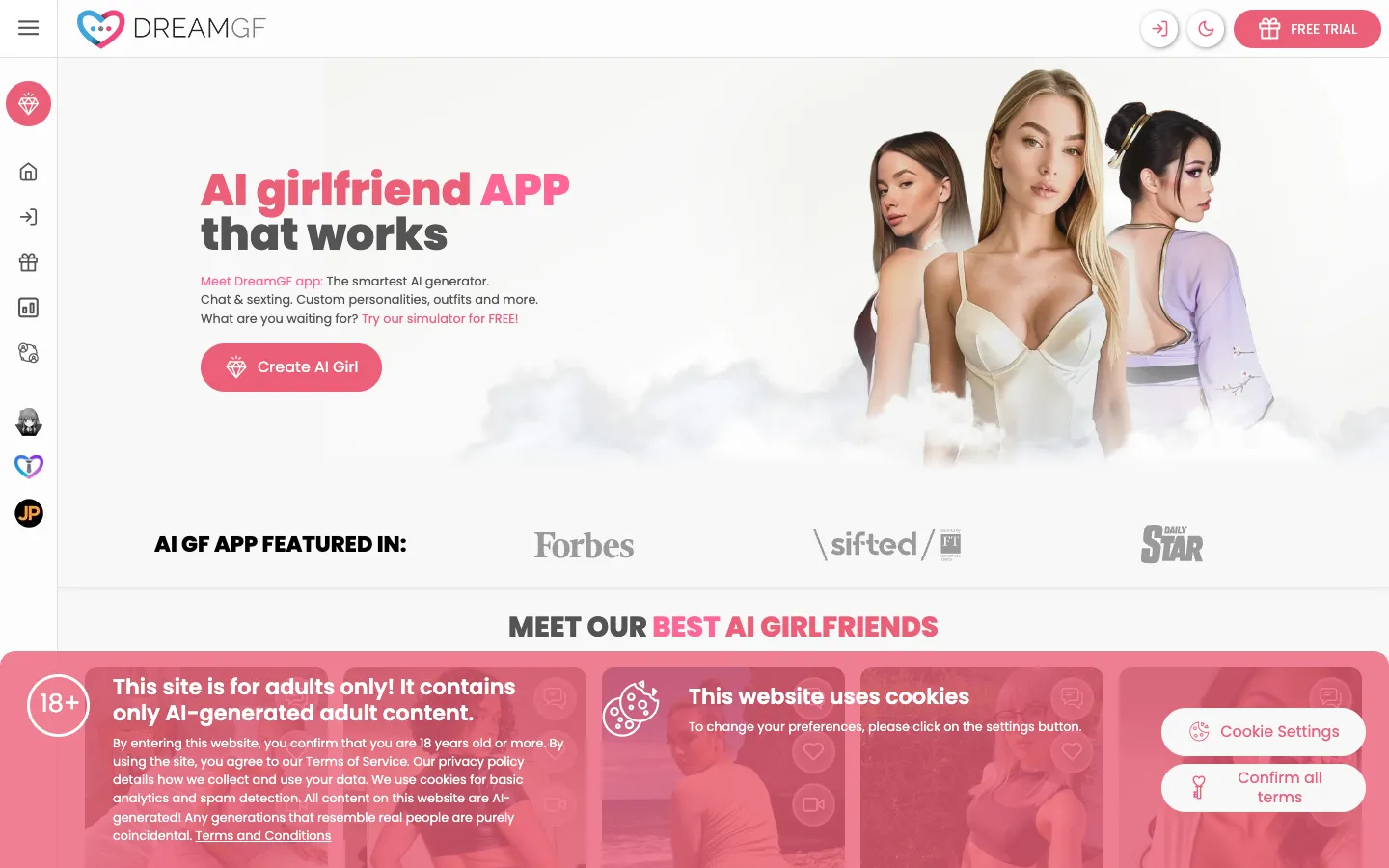 Screenshot of the Dreamgf AI homepage