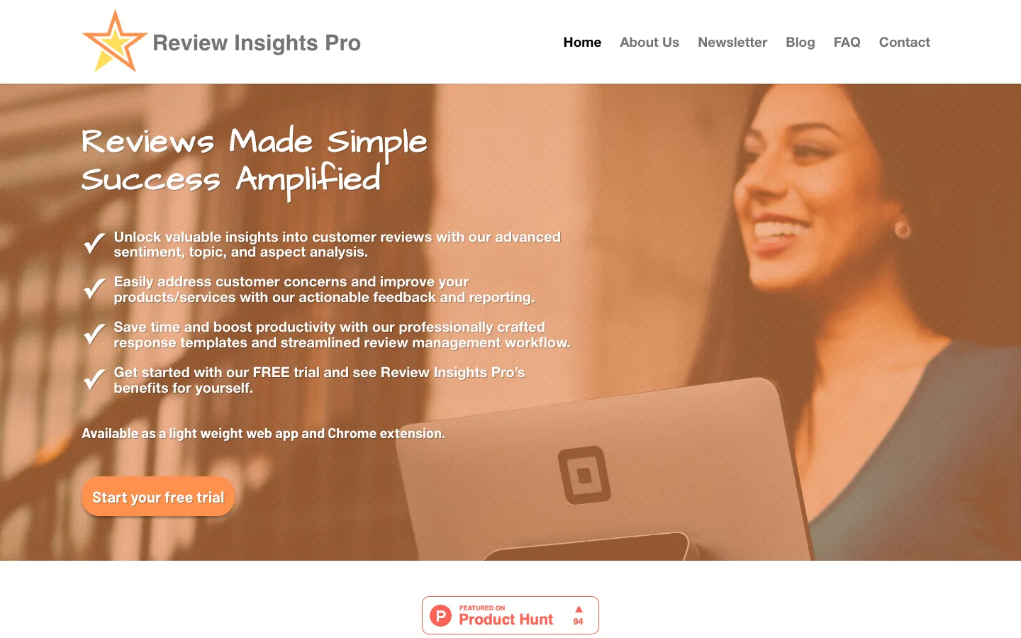 Screenshot of the Review Insights Pro homepage