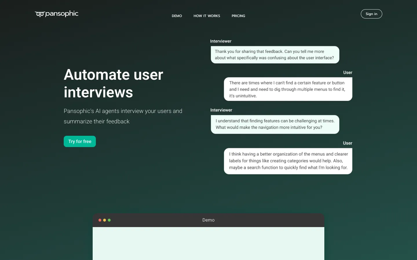 Screenshot of the Pansophic homepage