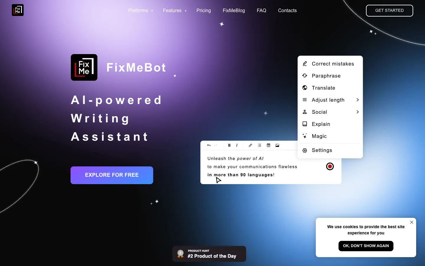 Screenshot of the FixMeBot homepage