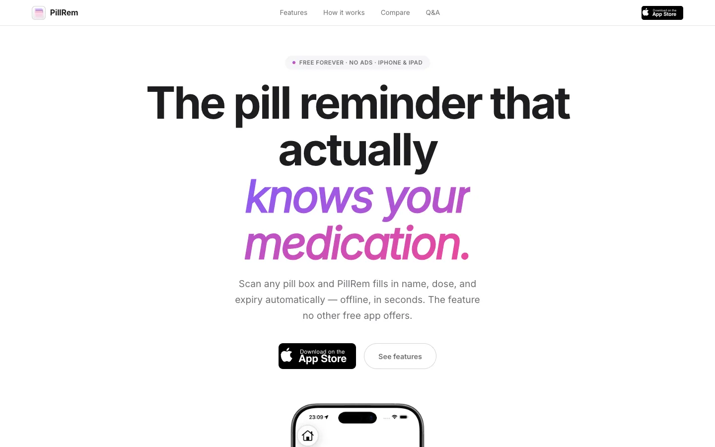 Screenshot of the PillRem homepage