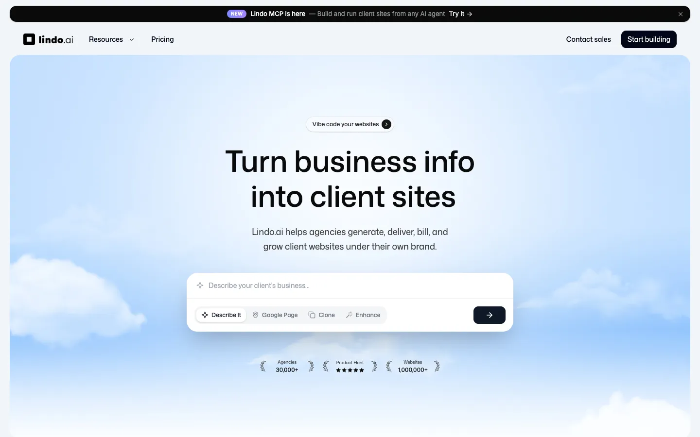 Screenshot of the Lindo AI homepage
