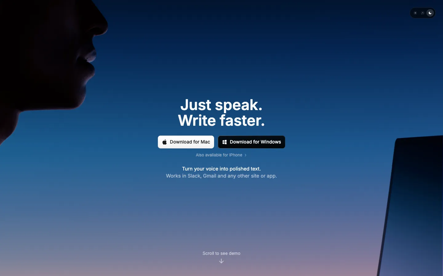 Screenshot of the superwhisper homepage