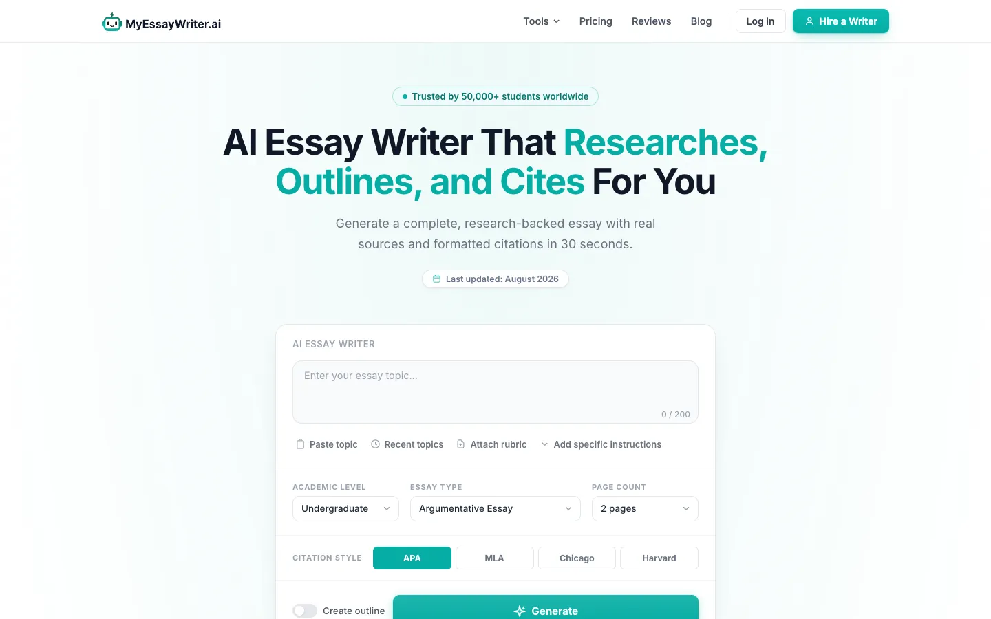Screenshot of the MyEssayWriterAI homepage