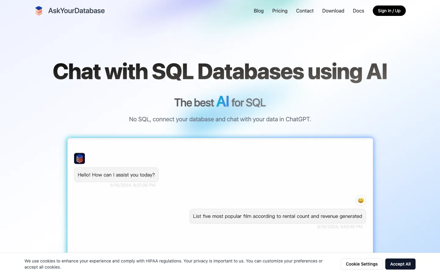 Screenshot of the AskYourDatabase homepage
