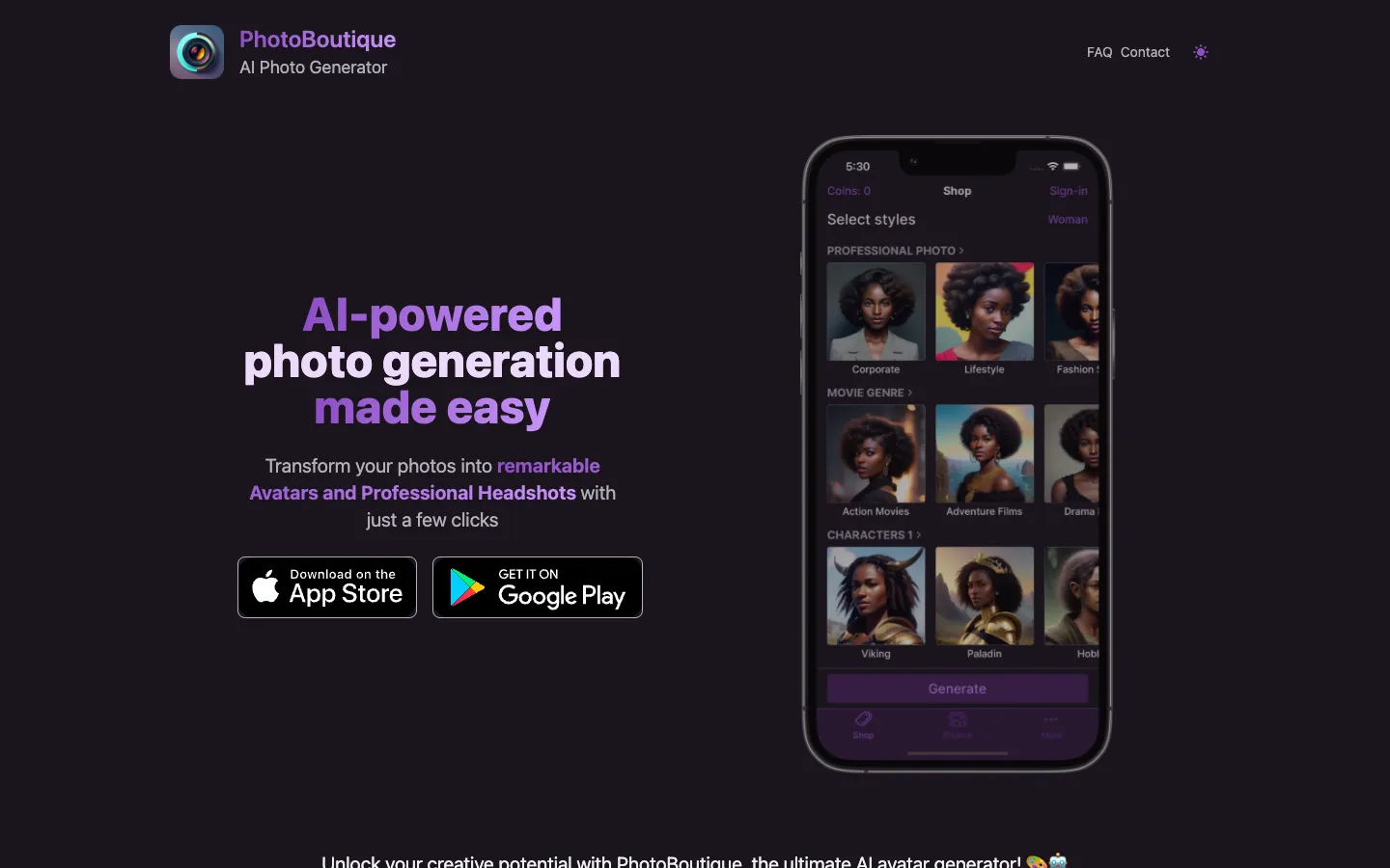 Screenshot of the PhotoBoutique - AI Avatar maker homepage