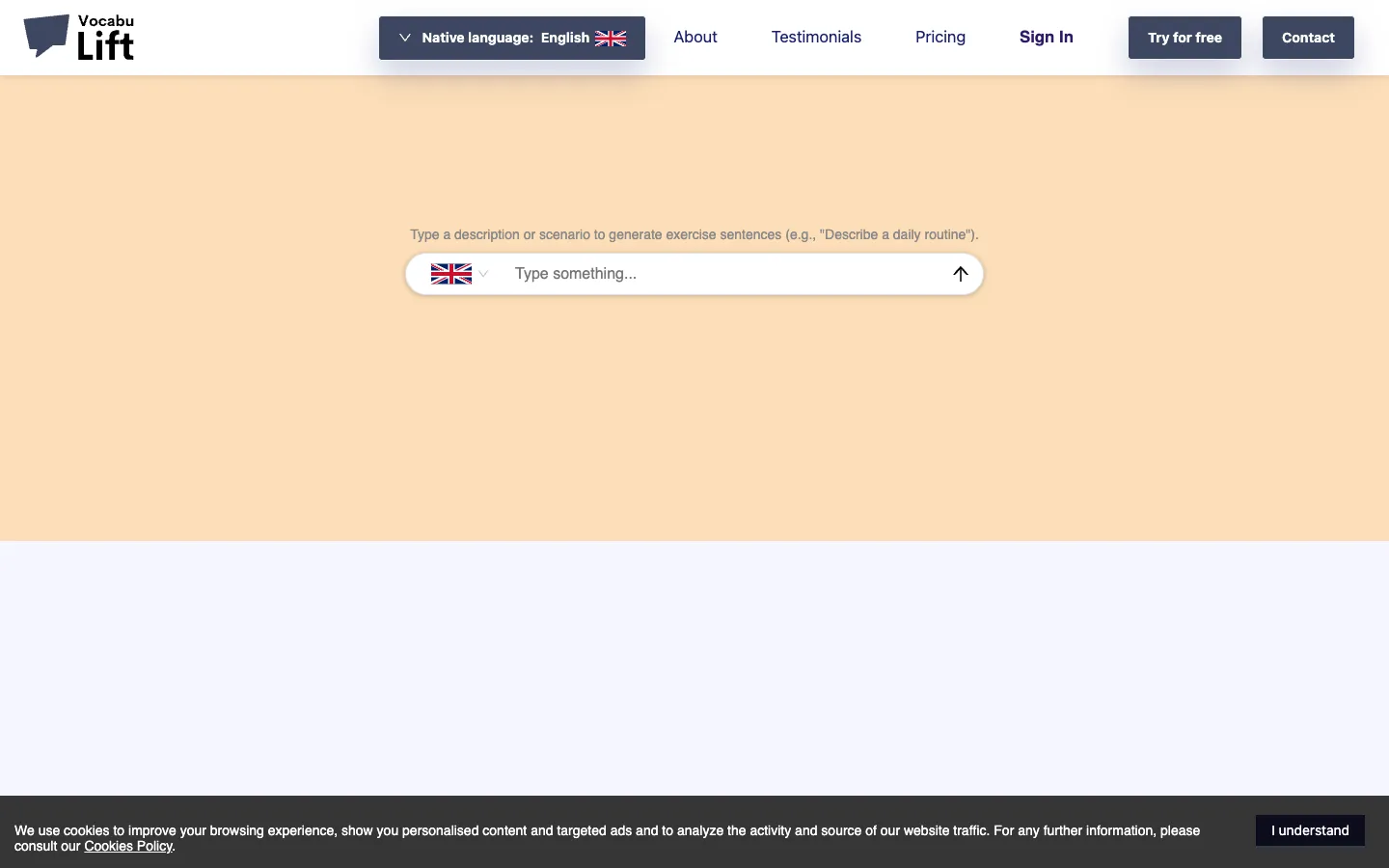 Screenshot of the Vocabulift homepage