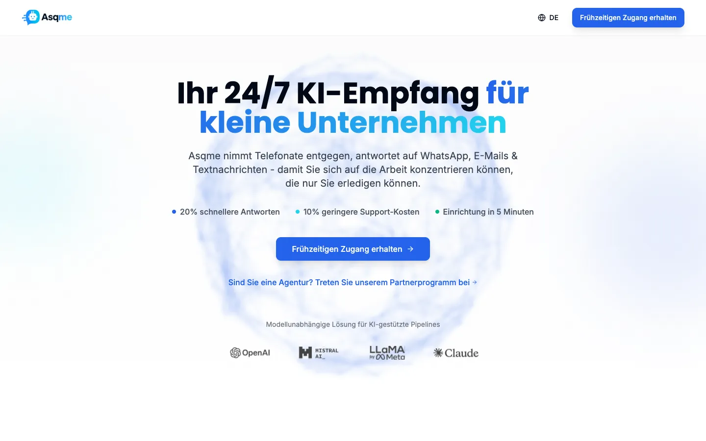 Screenshot of the Asqme AI homepage