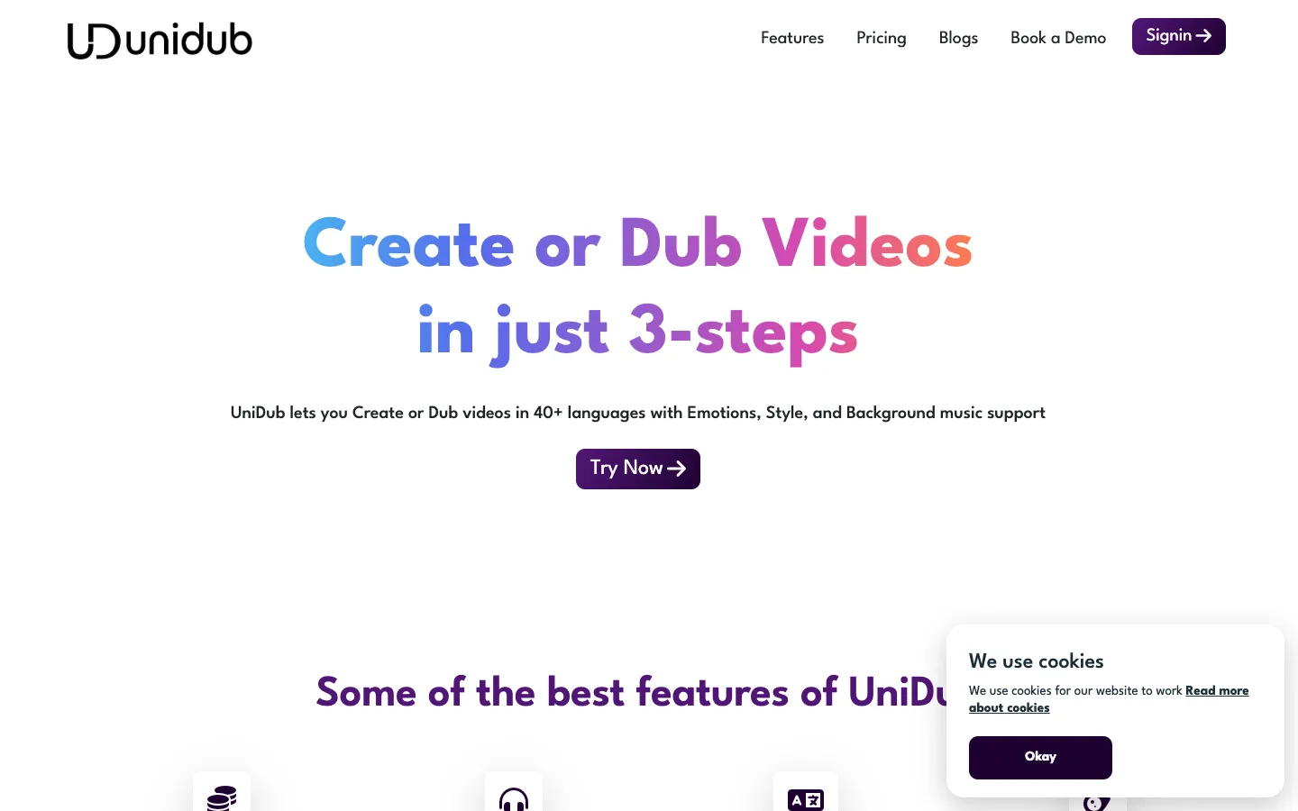 Screenshot of the UniDub.co homepage