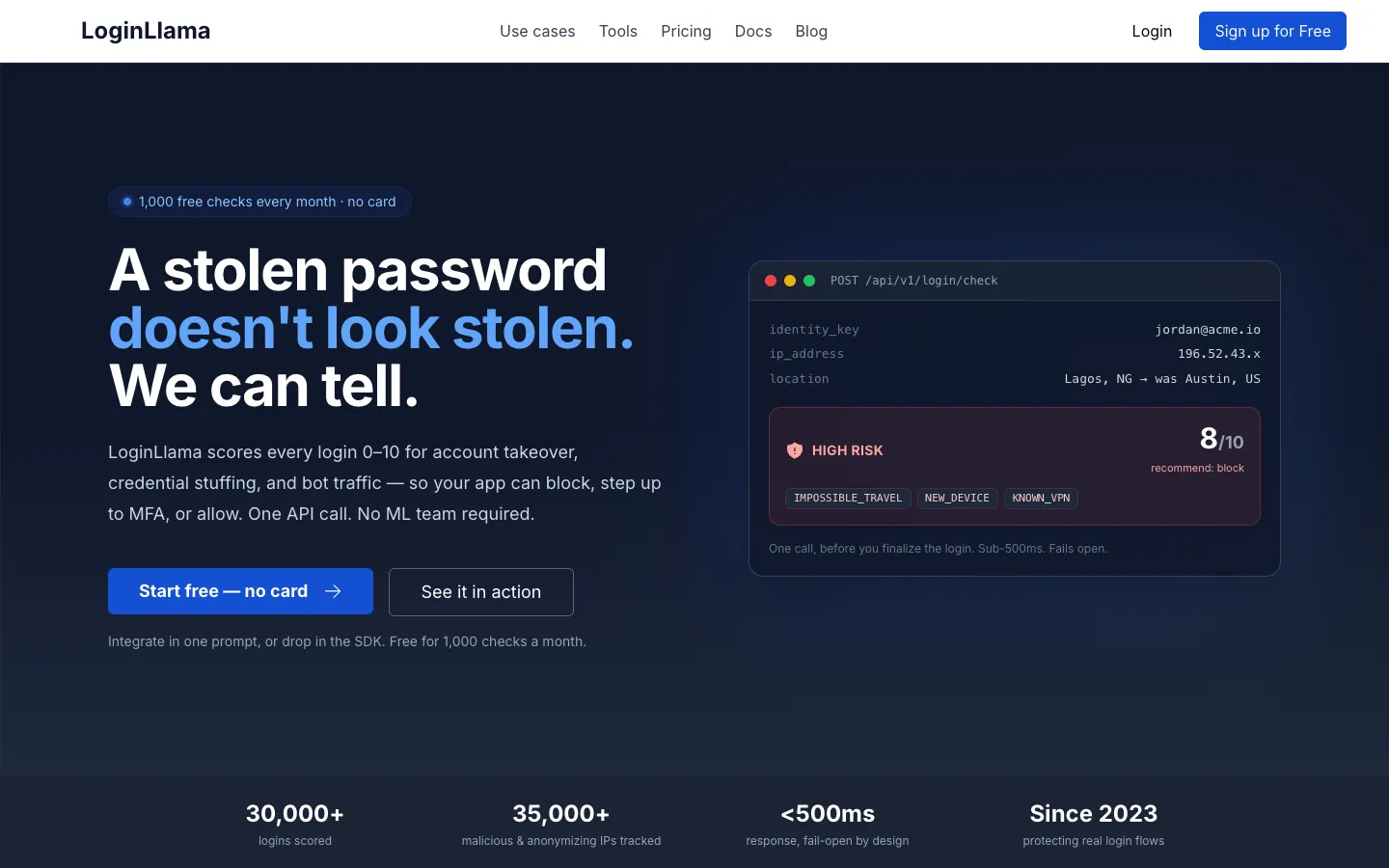 Screenshot of the LoginLlama homepage