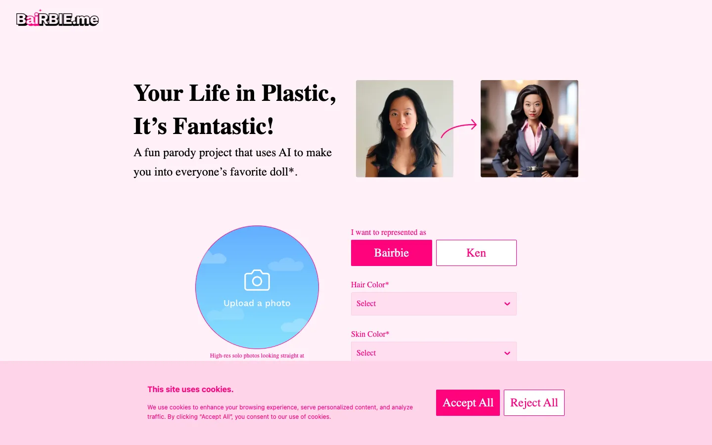 Screenshot of the Turn photo into barbie doll homepage