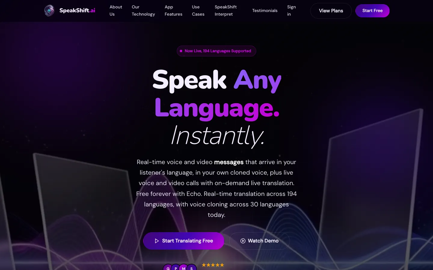 Screenshot of the Speakshift.ai homepage