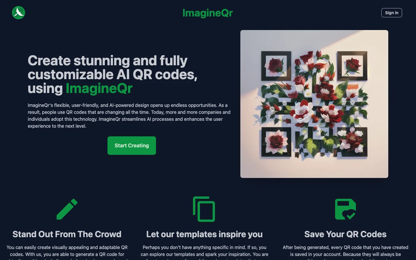 Screenshot of the ImagineQr homepage