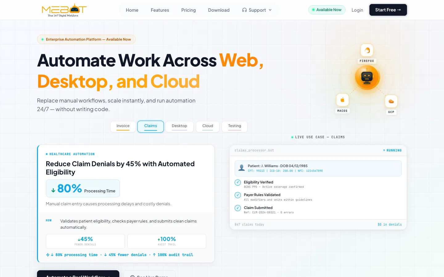 Screenshot of the Mebot homepage