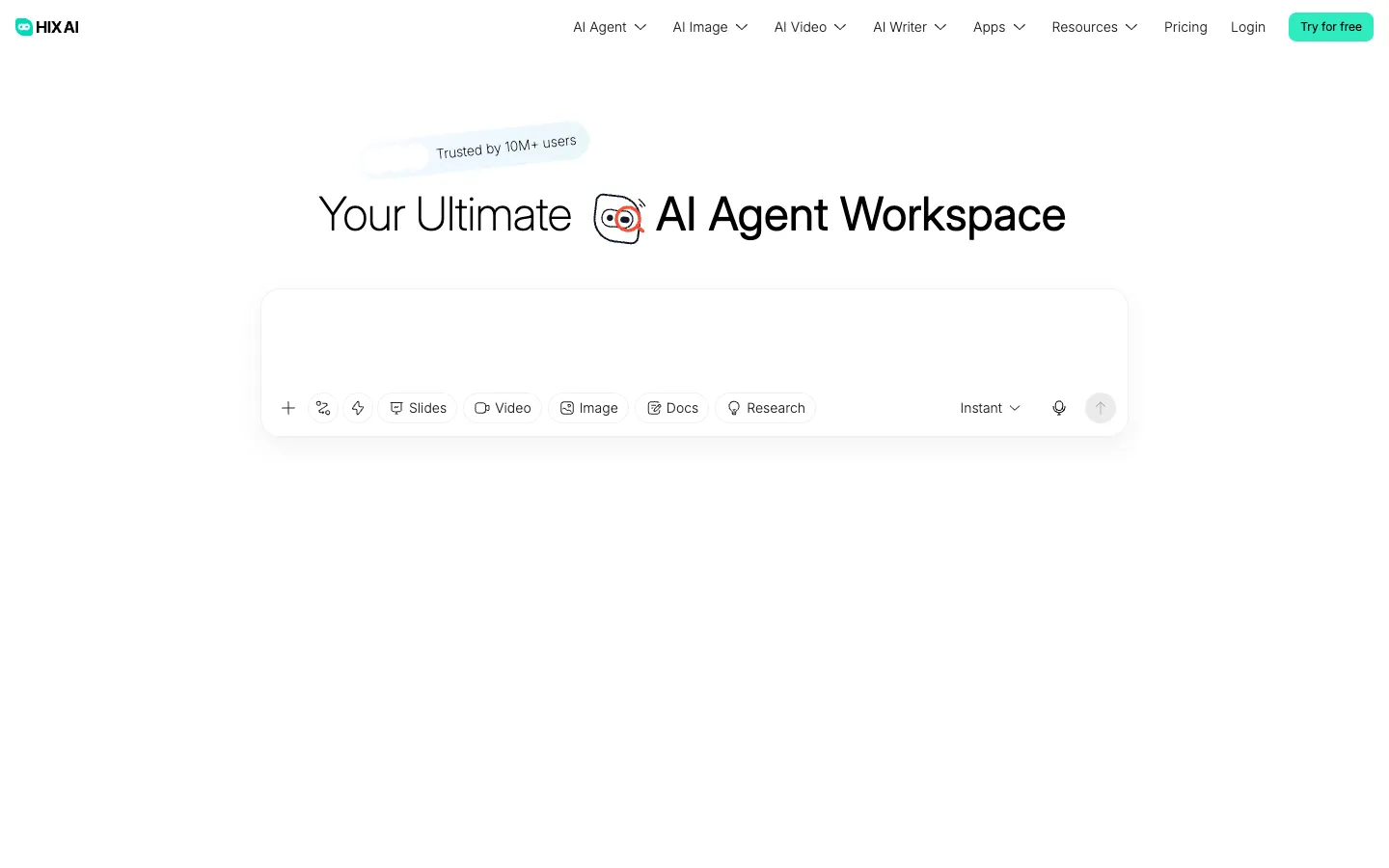 Screenshot of the Hix AI homepage